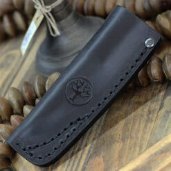 Boker AK1 Fixed Blade 121502, 3" RWL-34 Satin Reverse Tanto Blade, Bison Burlap Micarta Handle, Black Leather Sheath -Boker AK1 sheath 34835.1646925559