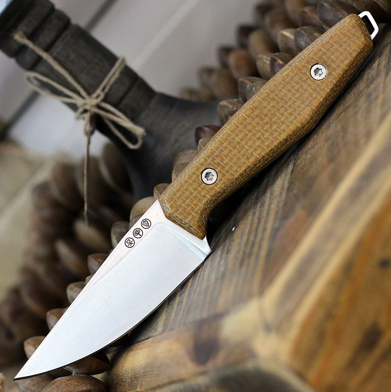 Boker AK1 Fixed Blade 120502, 3" RWL-34 Satin Plain Blade, Mustard Burlap Micarta Handle, Black Leather Sheath 3 Boker AK1 Fixed Blade 120502, 3" RWL-34 Satin Plain Blade, Mustard Burlap Micarta Handle, Black Leather Sheath