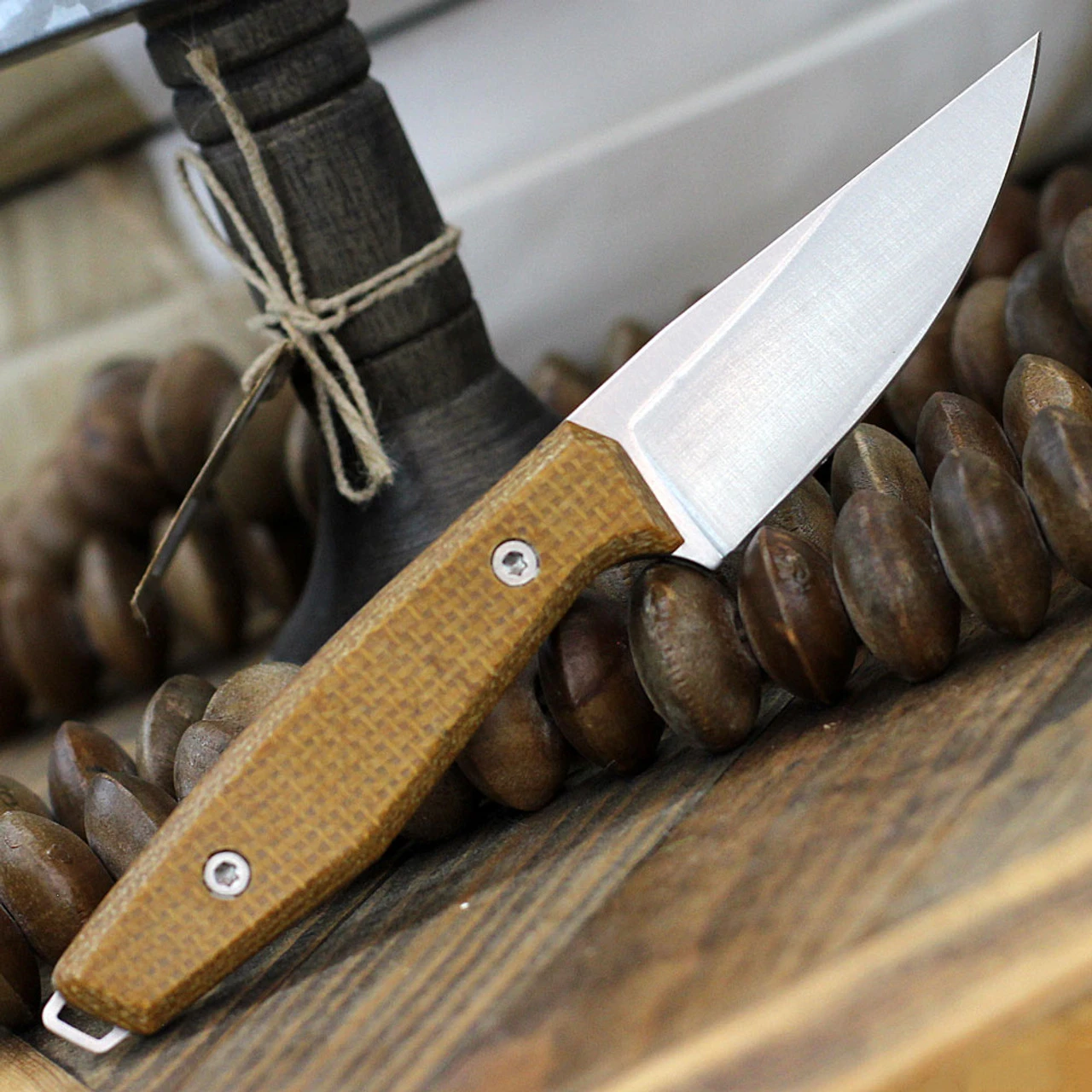 Boker AK1 Fixed Blade 120502, 3" RWL-34 Satin Plain Blade, Mustard Burlap Micarta Handle, Black Leather Sheath 4 Boker AK1 Fixed Blade 120502, 3" RWL-34 Satin Plain Blade, Mustard Burlap Micarta Handle, Black Leather Sheath - Image 2